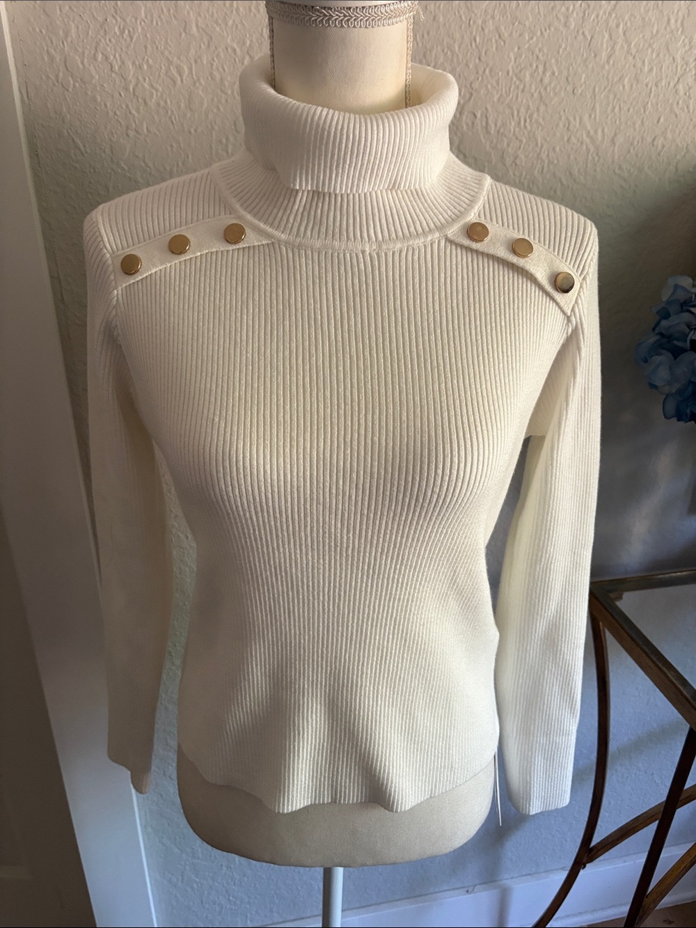 Commense Cream Ribbed Turtleneck Sweater with Gold Shoulder Buttons